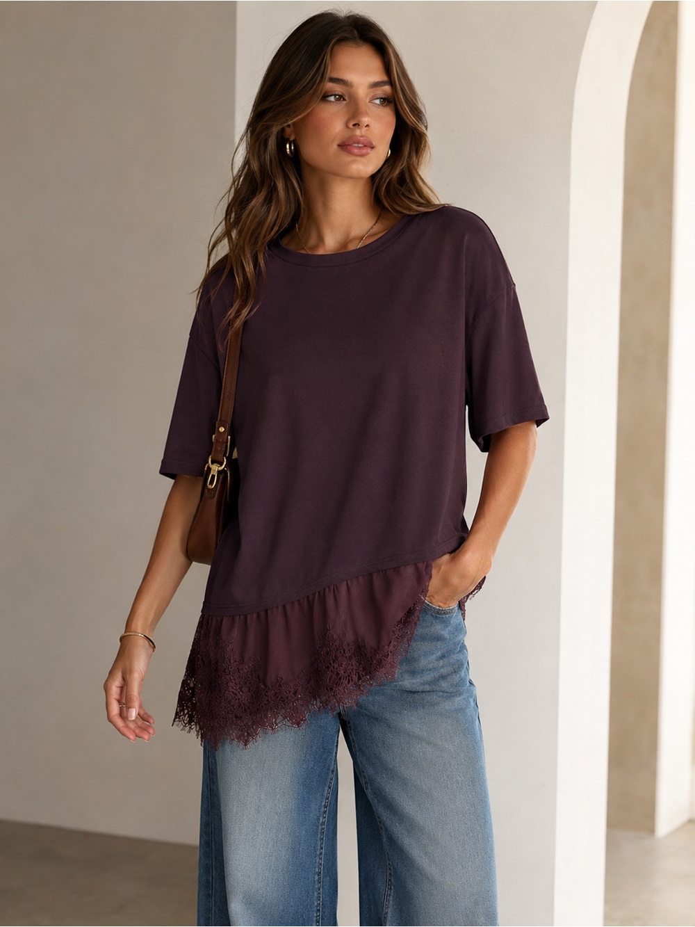 Zara Plum Lace-Hem Short Sleeve Tunic